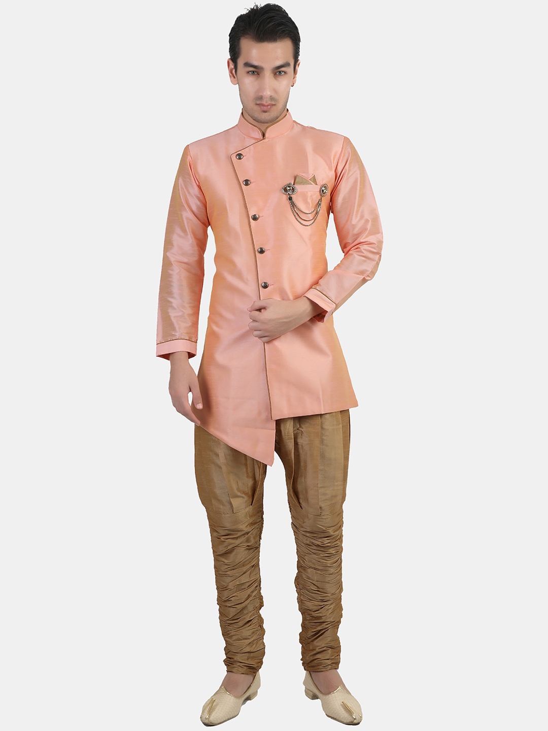 

Avaeta Mandarin Collar Asymmetric Sherwani With Heram Pant, Peach