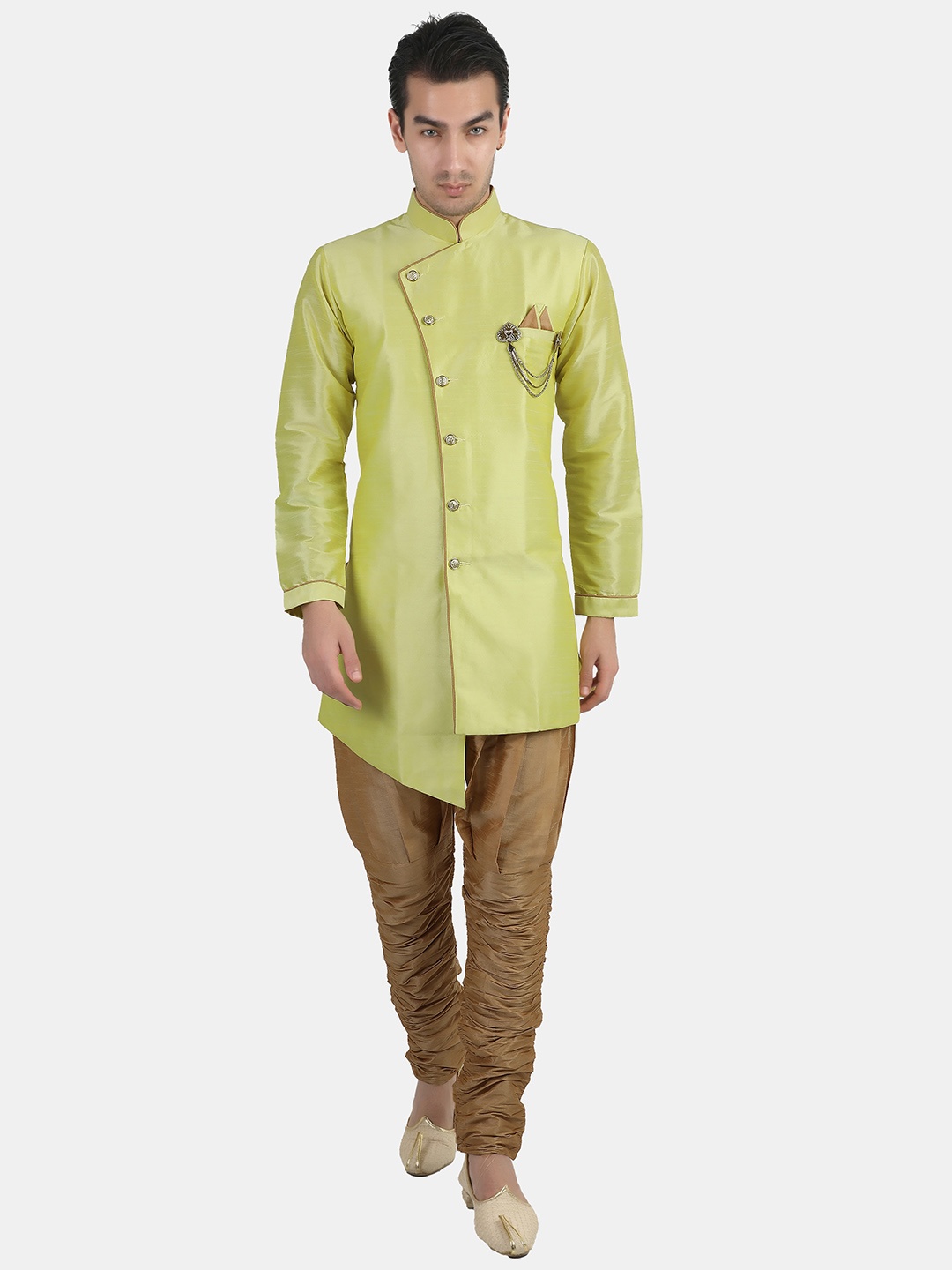 

Avaeta Mandarin Collar Asymmetric Sherwani With Heram Pant, Fluorescent green