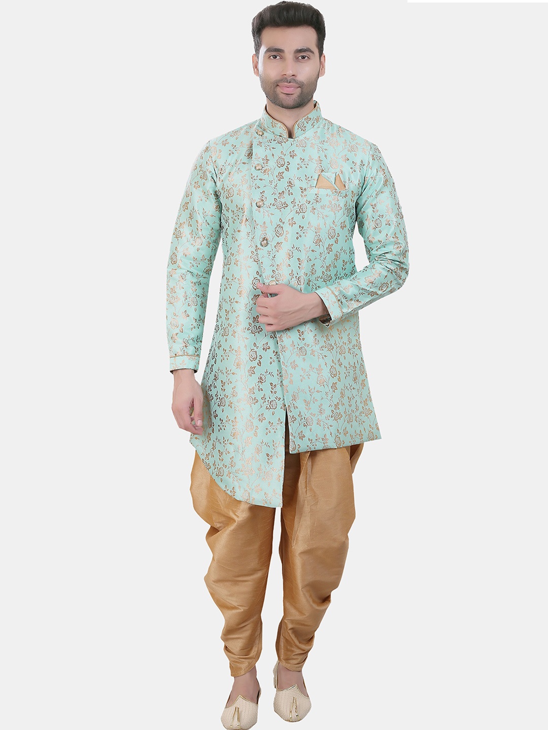 

Avaeta Floral Printed Mandarin Collar Asymmetric Sherwani With Patiyala, Blue