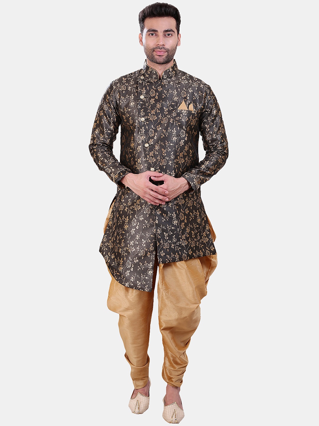 

Avaeta Men Floral Printed Jacquard Sherwani with Patiala, Black