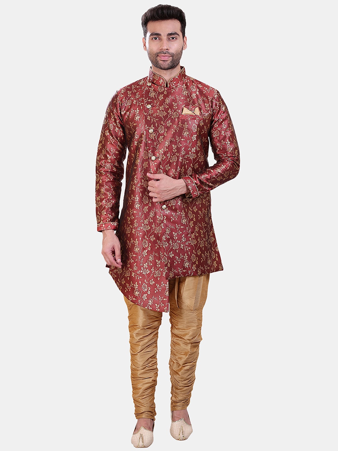 

Avaeta Men Floral Printed Jacquard Asymmetrical Sherwani with Churidar, Maroon