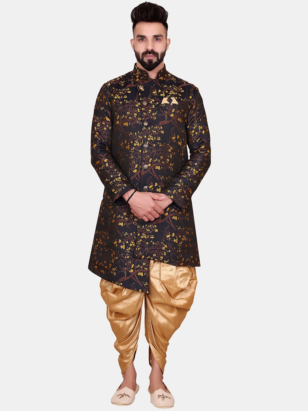

Avaeta Floral Printed Jacquard Sherwani With Patiyala Set, Brown