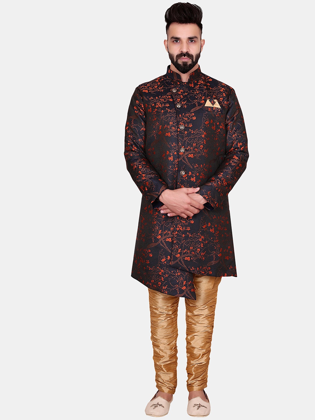 

Avaeta Men Floral Printed Jacquard Asymmetrical Sherwani with Churidar, Navy blue
