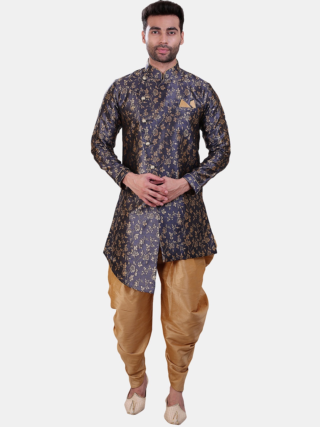 

Avaeta Men Floral Printed Jacquard Sherwani with Patiala, Navy blue