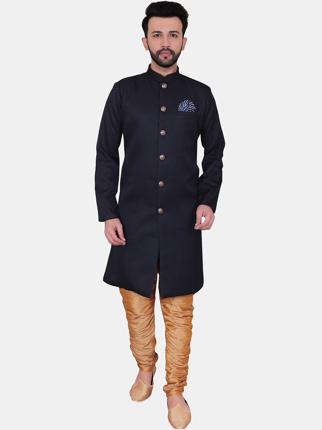 

Avaeta Mandarin Collar Sherwani with Churidar, Navy blue