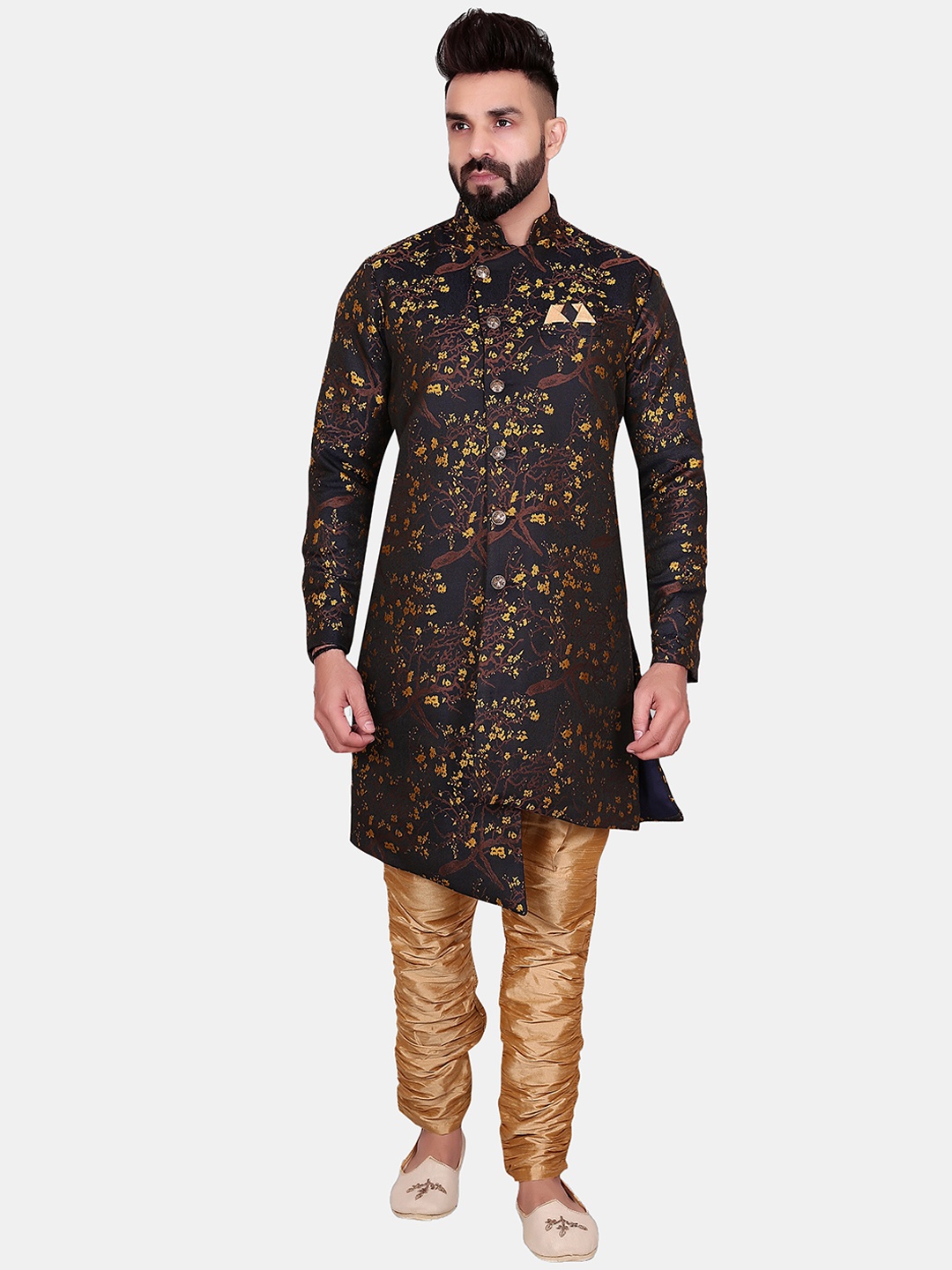 

Avaeta Printed Asymmetrical Sherwani Set, Yellow