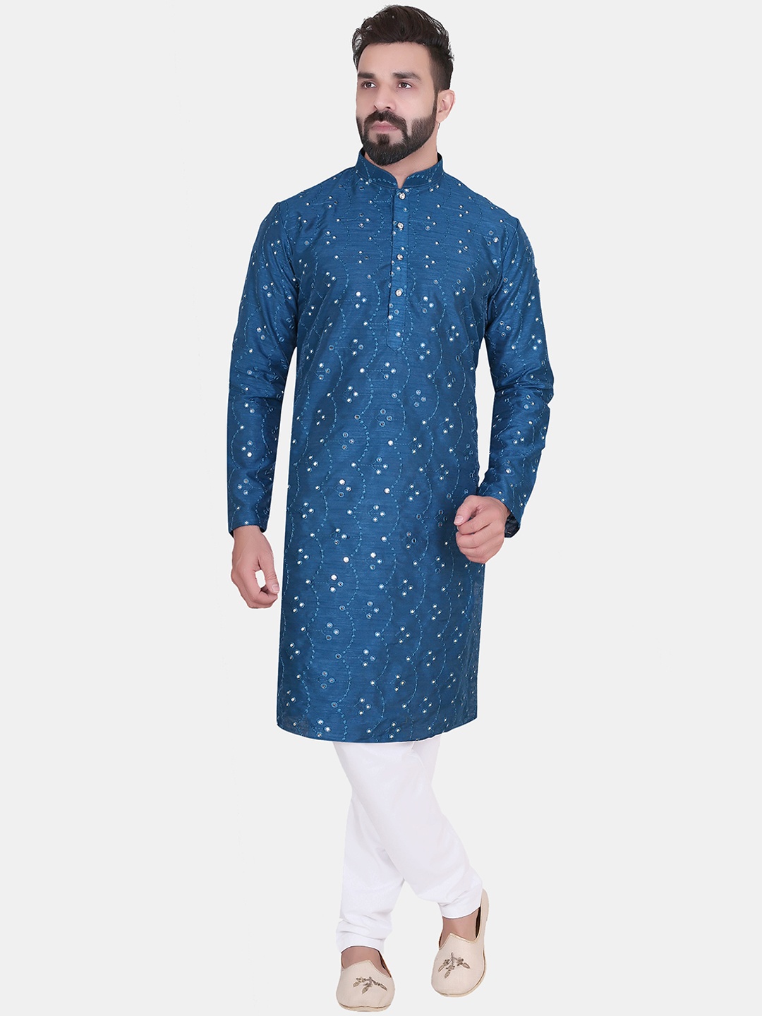 

Avaeta Self Design Mirror Work Mandarin Collar Kurta with Pyjamas, Blue