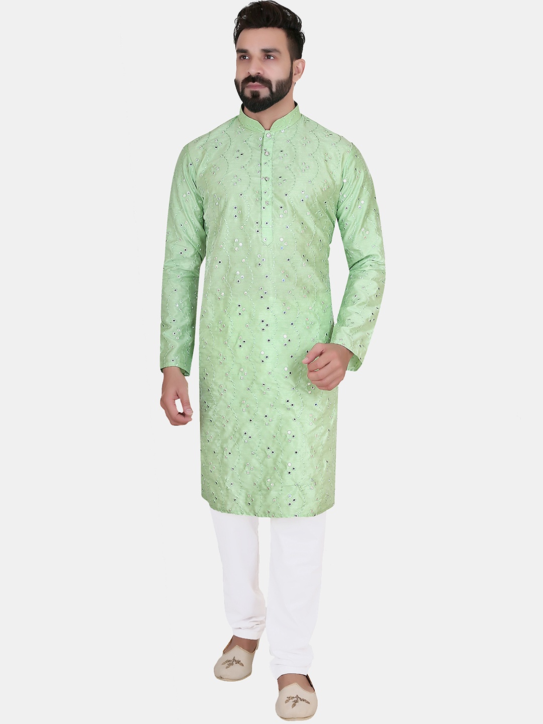 

Avaeta Self Design Mirror Work Mandarin Collar Kurta with Pyjamas, Green