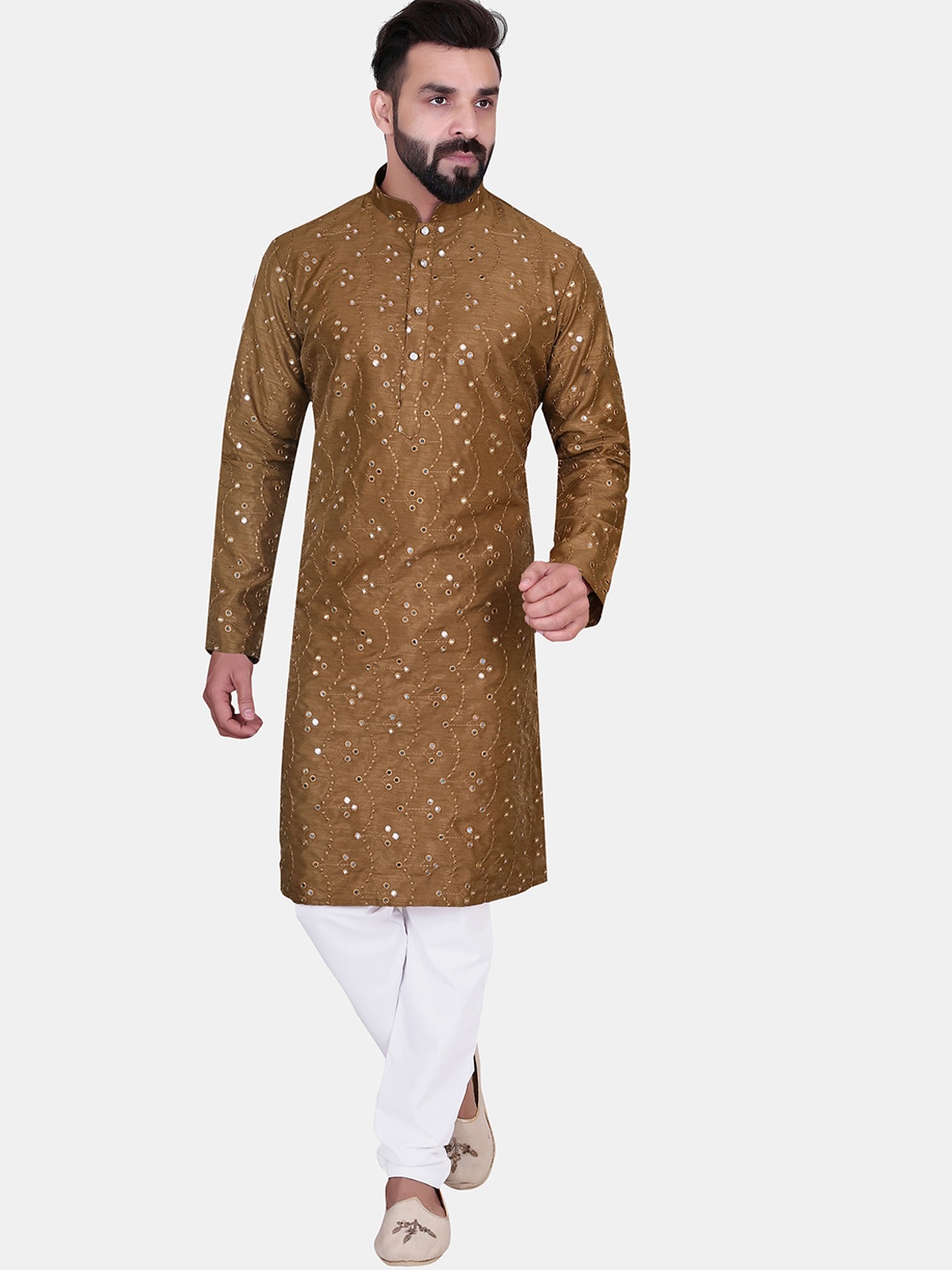 

Avaeta Self Design Mirror Work Mandarin Collar Kurta with Pyjamas, Brown