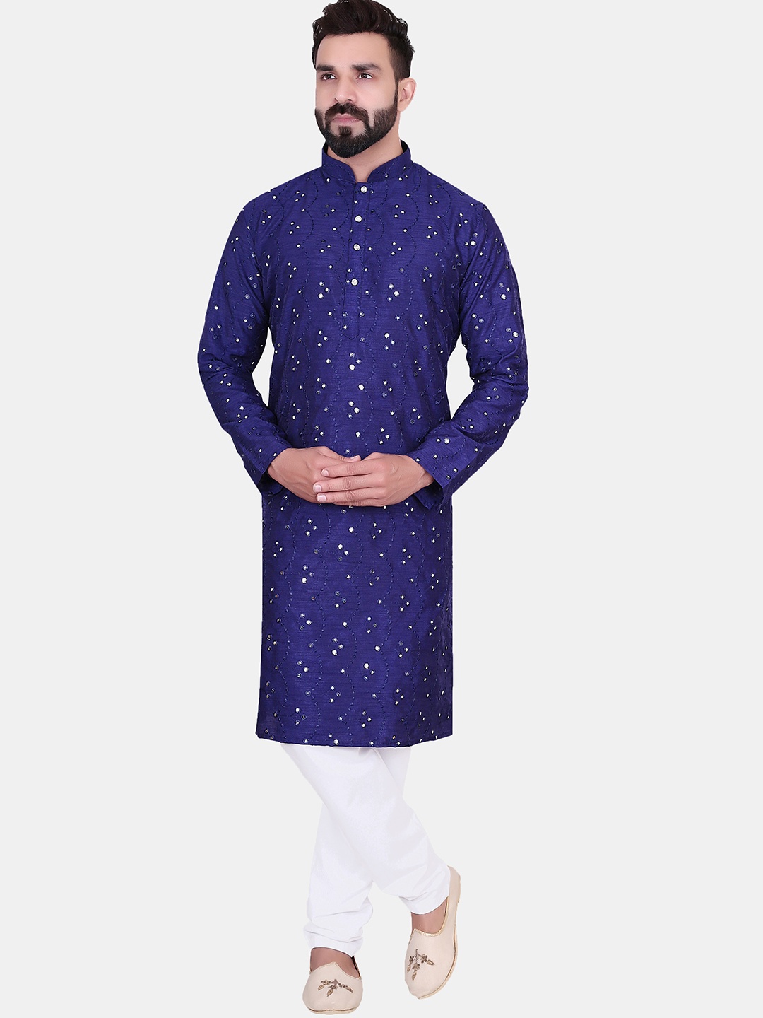 

Avaeta Self Design Mirror Work Mandarin Collar Kurta with Pyjamas, Blue
