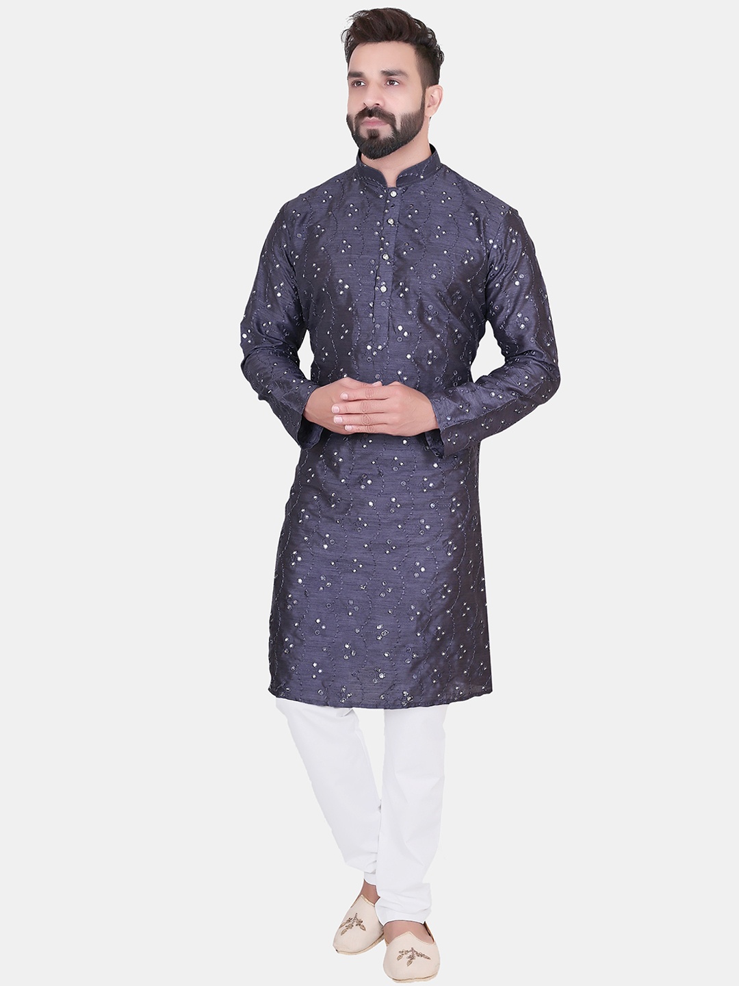 

Avaeta Self Design Mirror Work Mandarin Collar Kurta with Pyjamas, Navy blue