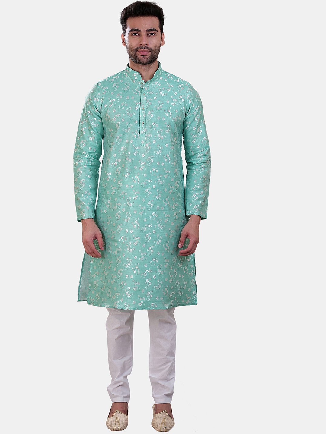 

Avaeta Men Floral Printed Mandarin Collar Kurta with Pyjamas, Turquoise blue