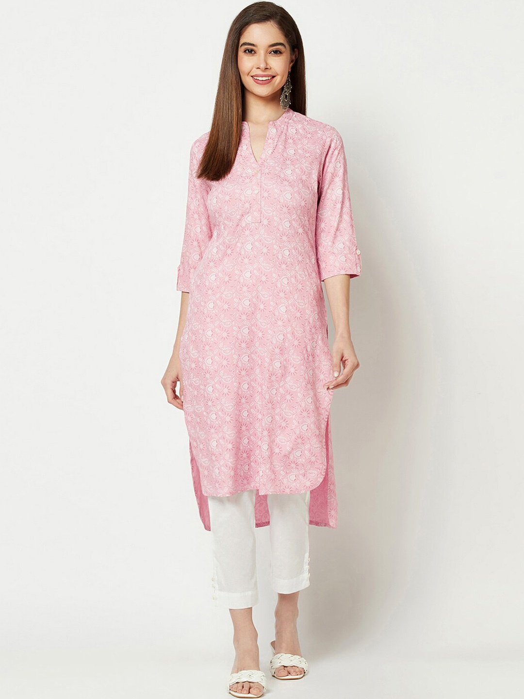 

IMARA Ethnic Motifs Printed Mandarin Collar Roll-Up Sleeves Kurta, Pink