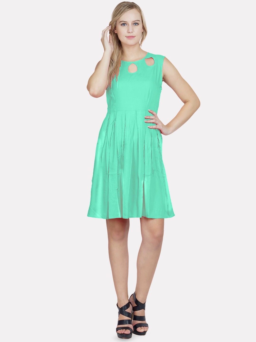 

PATRORNA Round Neck Sleeveless Cotton Fit & Flare Dress, Teal