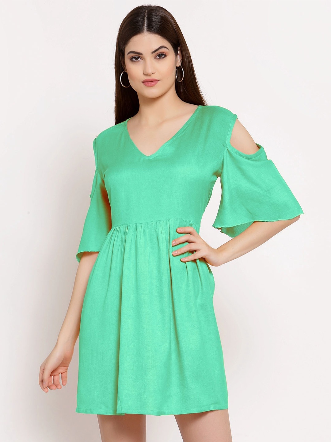 

PATRORNA V-Neck Cold-Shoulder Gathered Fit & Flare Dress, Teal
