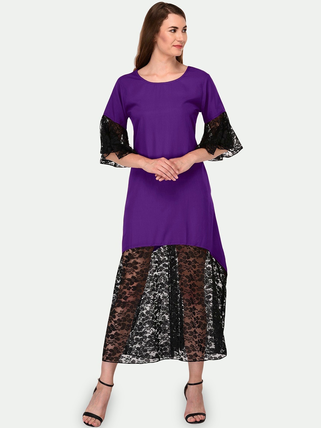 

PATRORNA Bell Sleeve Lace Up A-Line Dress, Purple