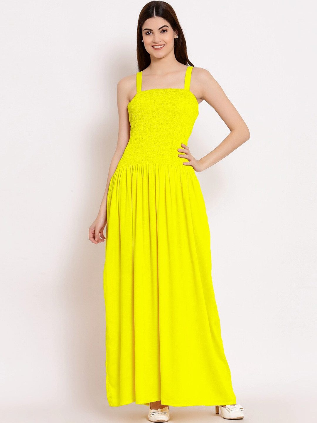 

PATRORNA Shoulder Straps Smocked Cotton Maxi Dress, Yellow