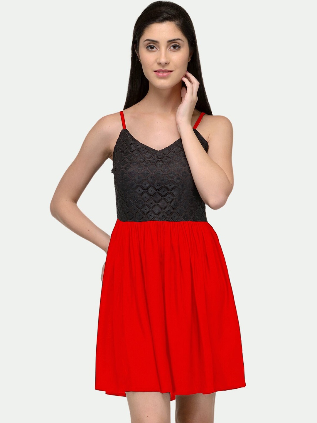 

PATRORNA Colourblocked Shoulder Straps Cotton Fit & Flare Dress, Black