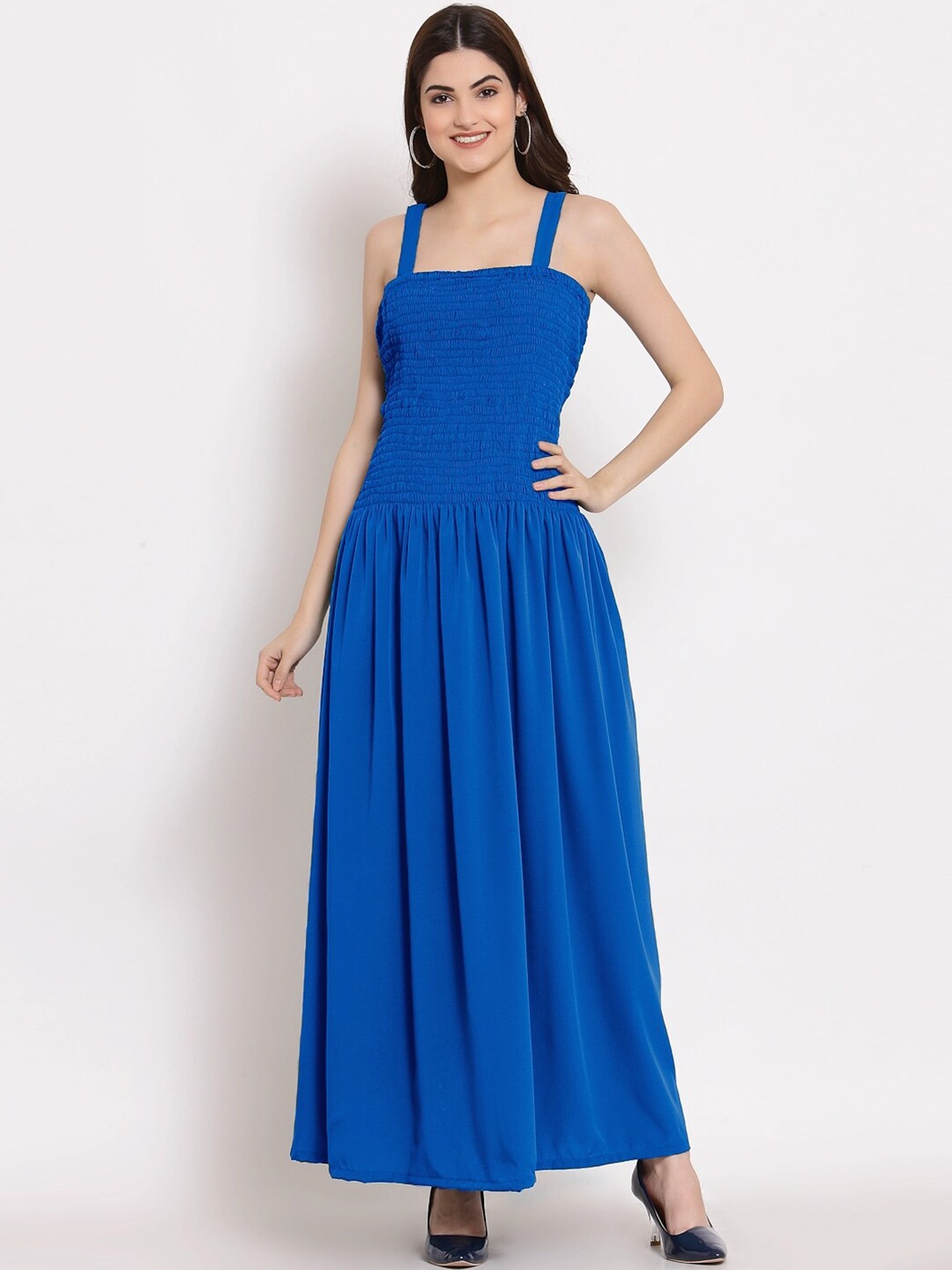 

PATRORNA Smocked Cotton A-line Maxi Dress, Blue