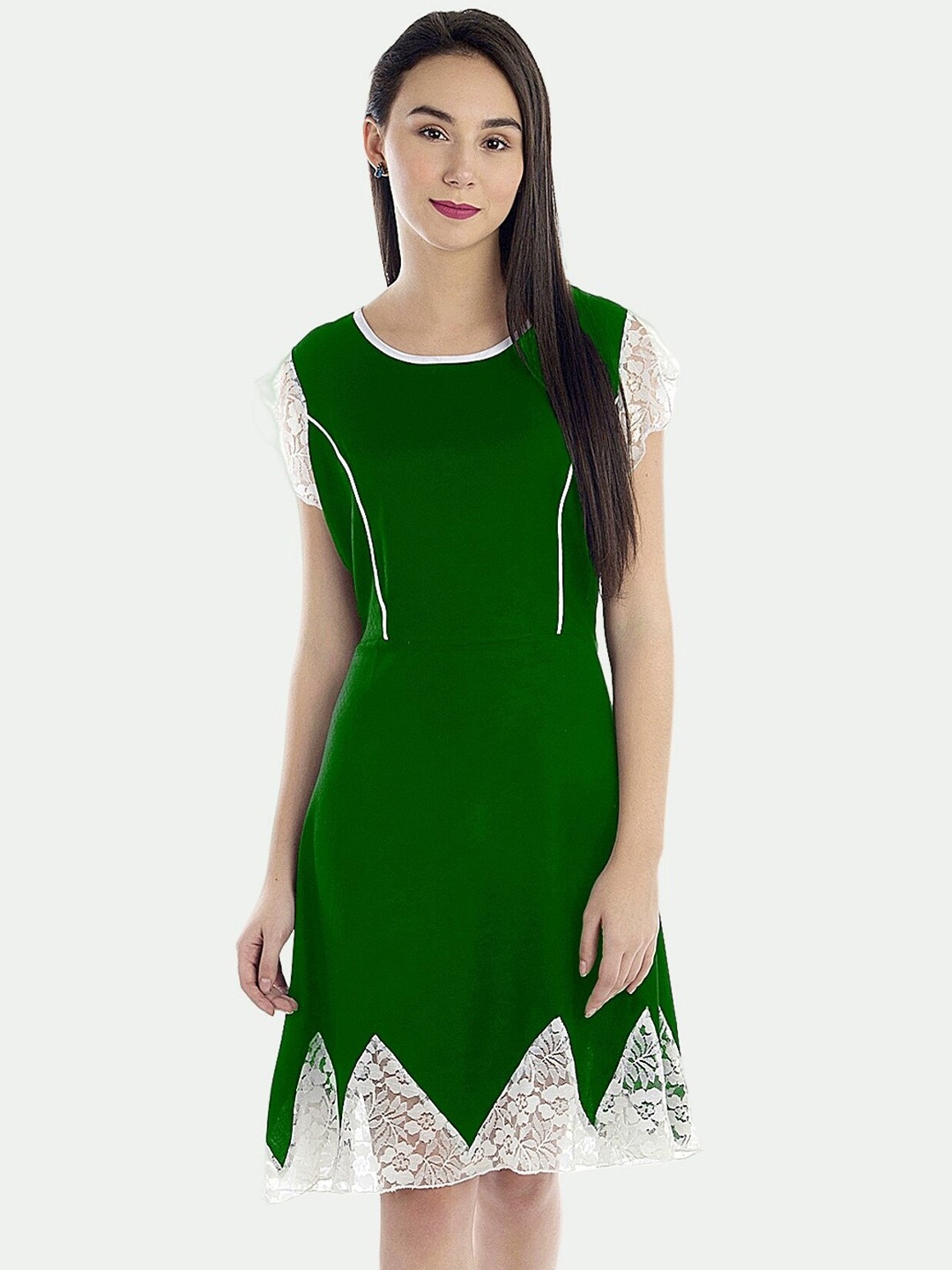 

PATRORNA Round Neck Flared Sleeves Lace-Up Detail Cotton Fit & Flare Dress, Green