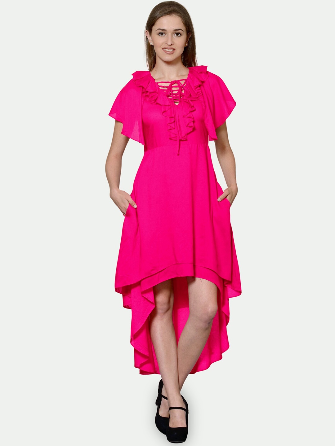 

PATRORNA Flutter Sleeve High Low Hemline Fit & Flare Dress, Pink