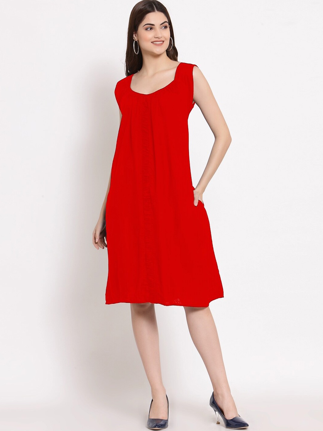 

PATRORNA Round Neck Sleeveless A-Line Dress, Red