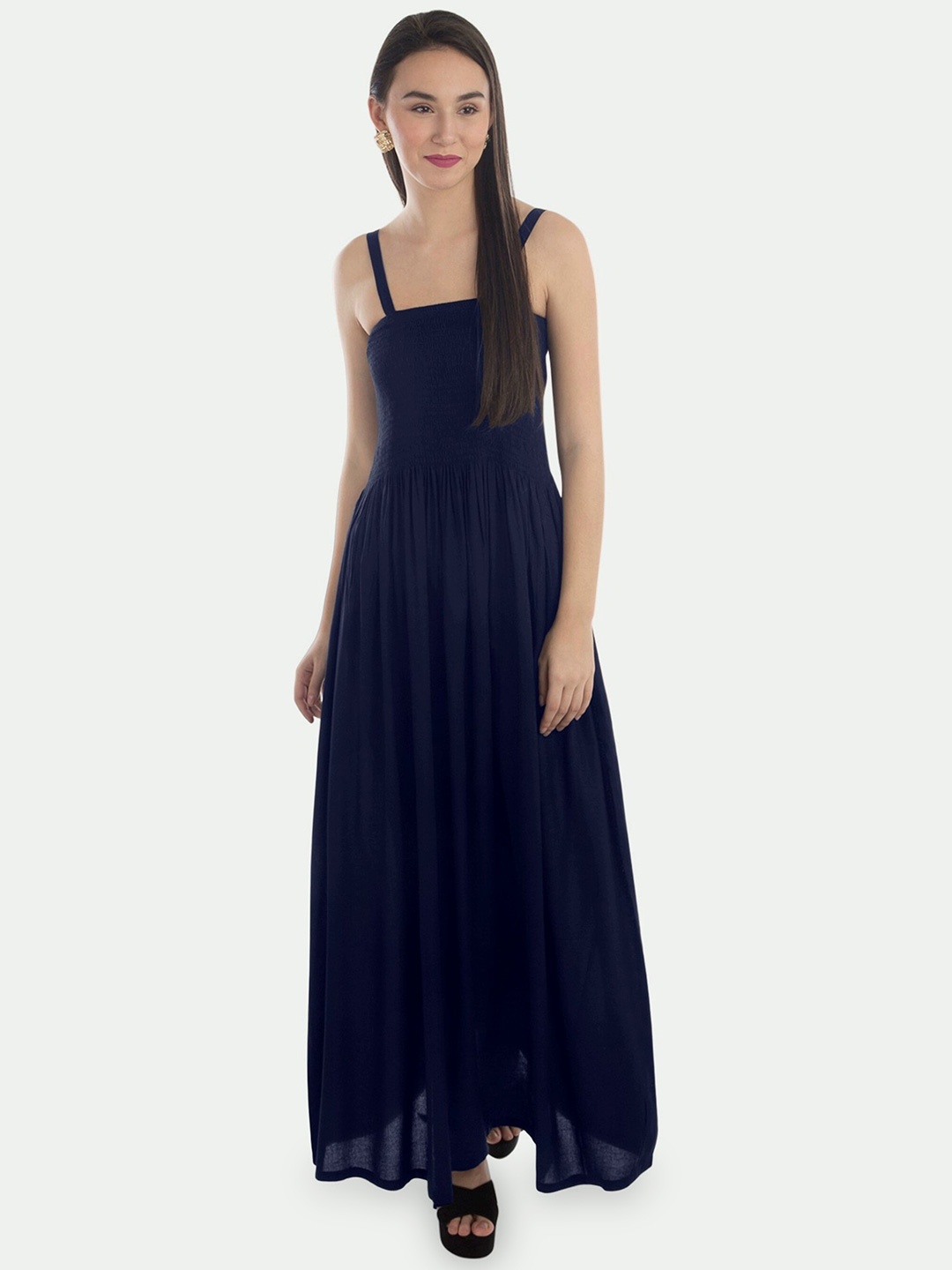 

PATRORNA Shoulder Straps Smocked Cotton Maxi Dress, Blue