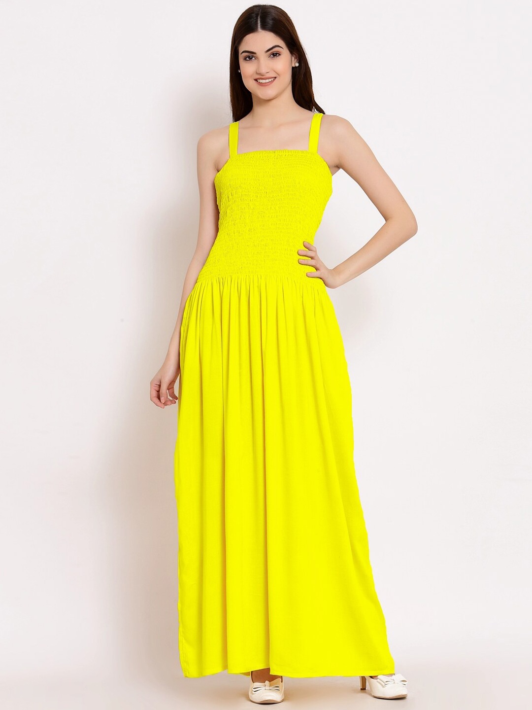 

PATRORNA Shoulder Straps Smocked Maxi Dress, Yellow