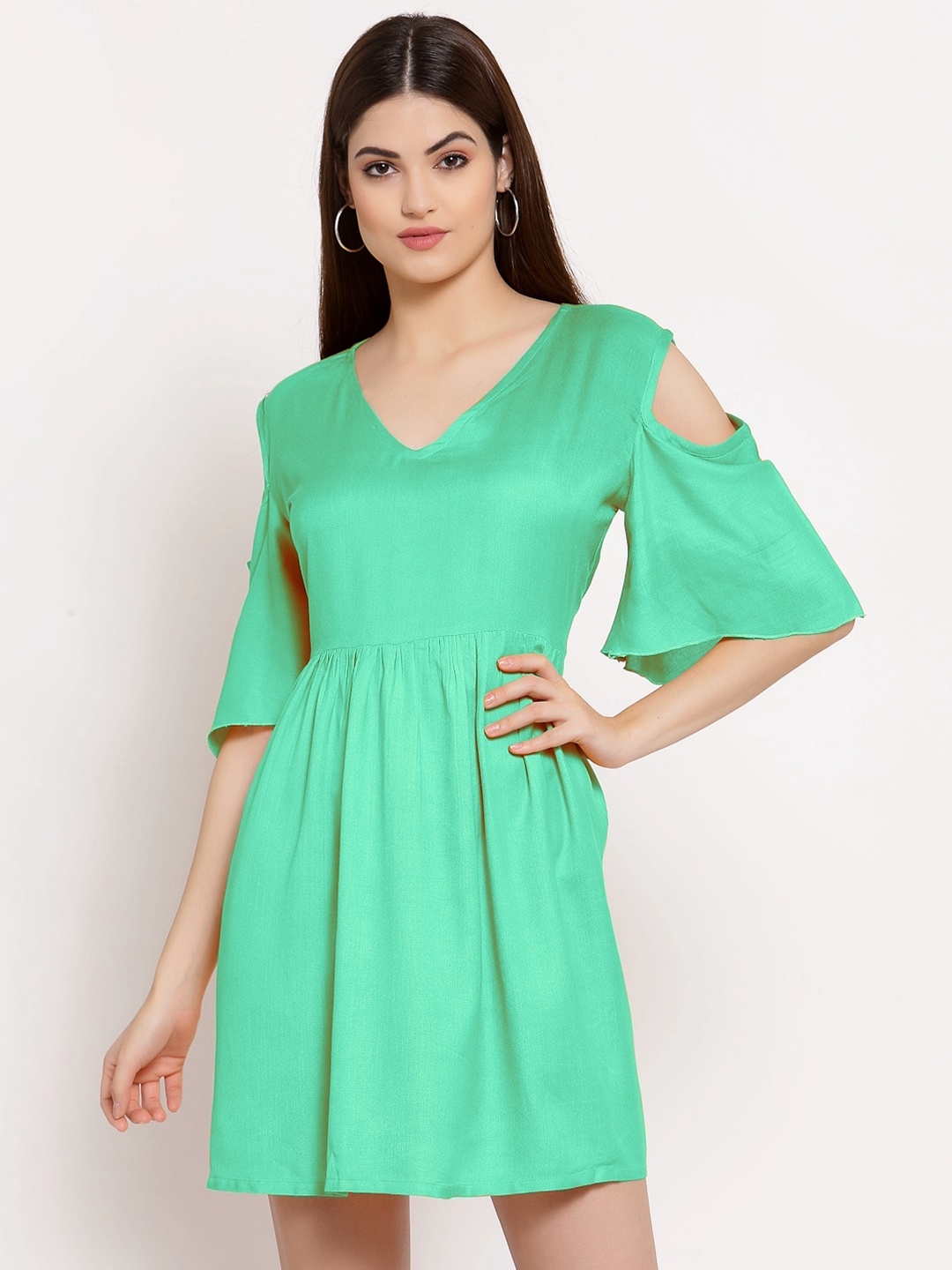 

PATRORNA V-Neck Cold-Shoulder Sleeves Cotton Fit & Flare Dress, Teal