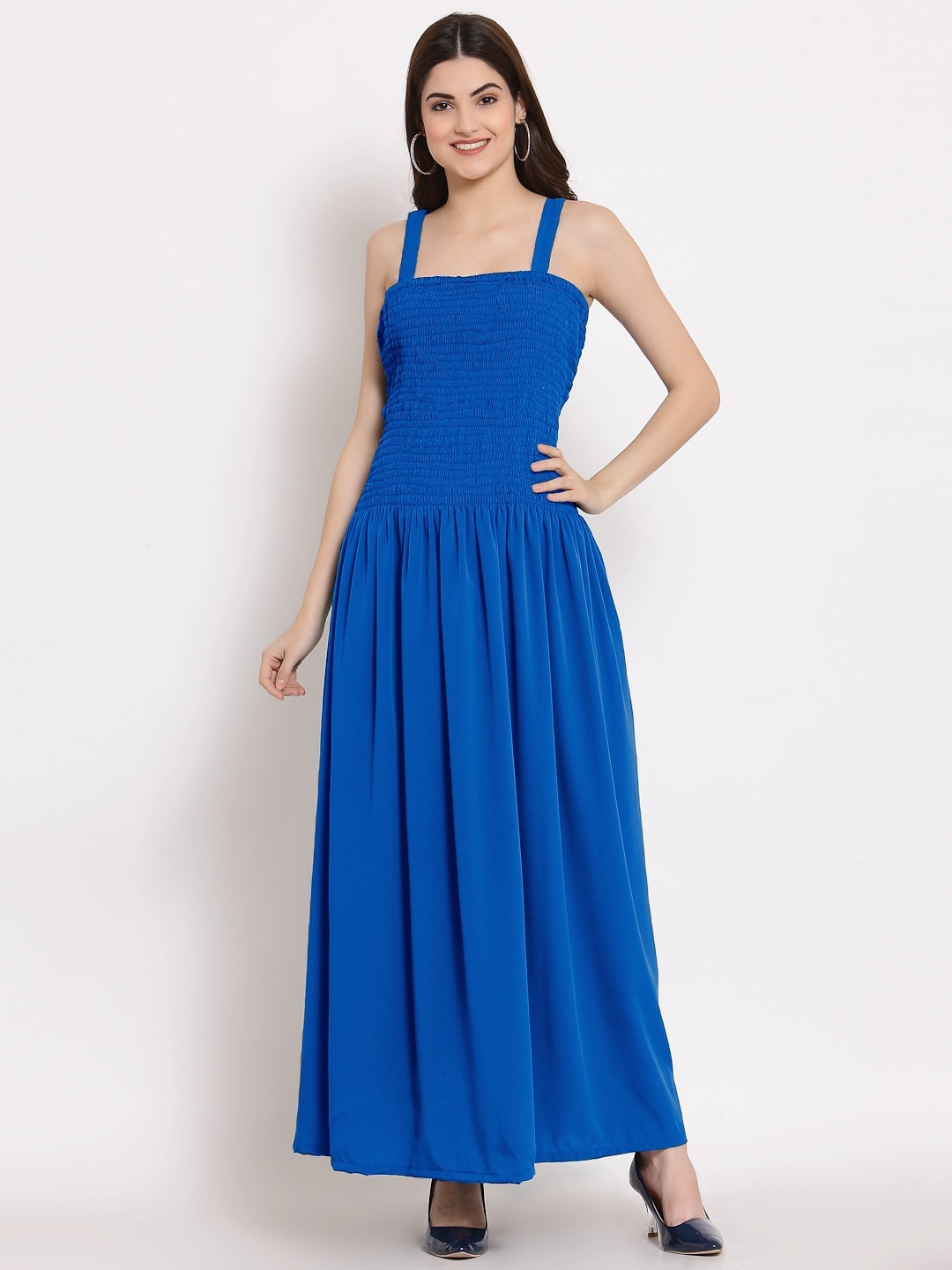 

PATRORNA Shoulder Straps Smocked Cotton Maxi Dress, Blue
