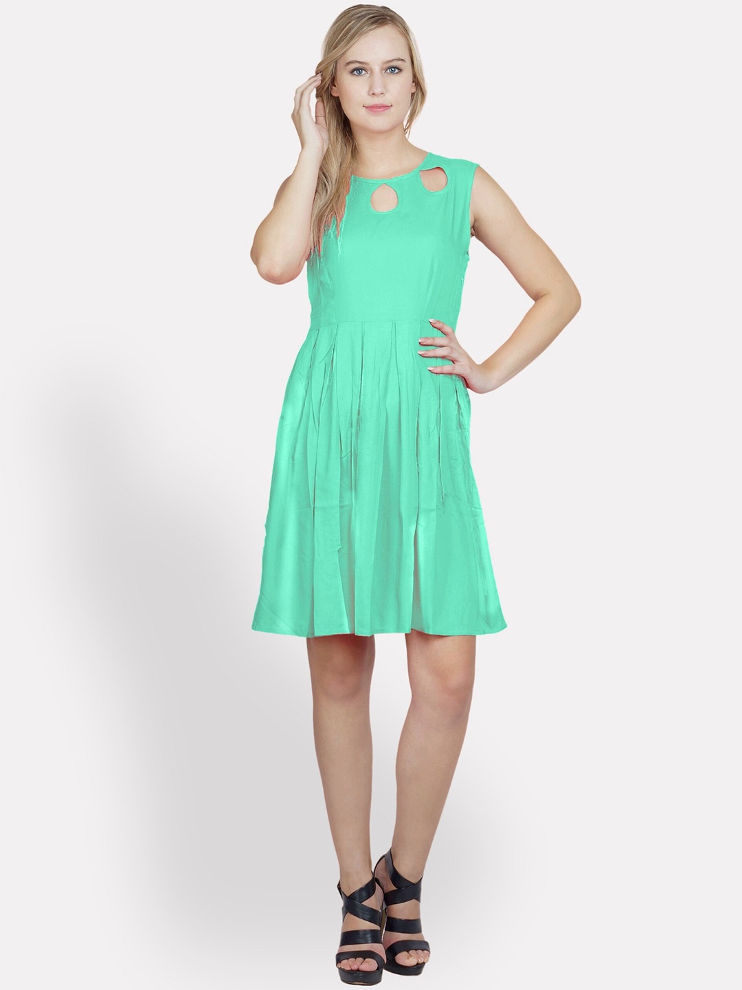 

PATRORNA Round Neck Pleated Fit & Flare Dress, Teal