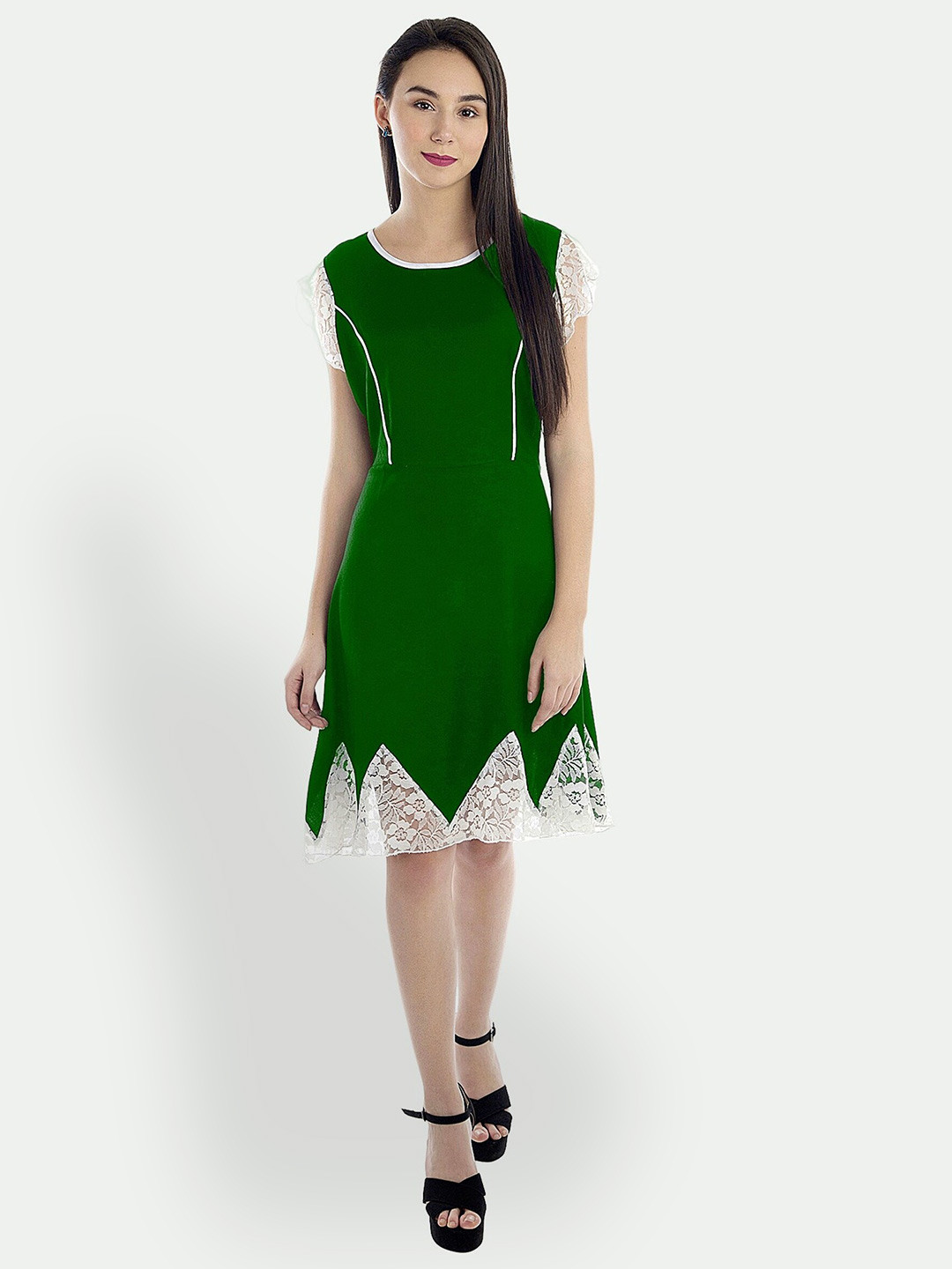 

PATRORNA Round Neck Flared Sleeves Lace-Up Detail Cotton Fit & Flare Dress, Green
