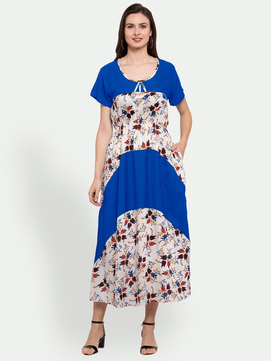 

PATRORNA Floral Printed Gathered Maxi Dress, Blue