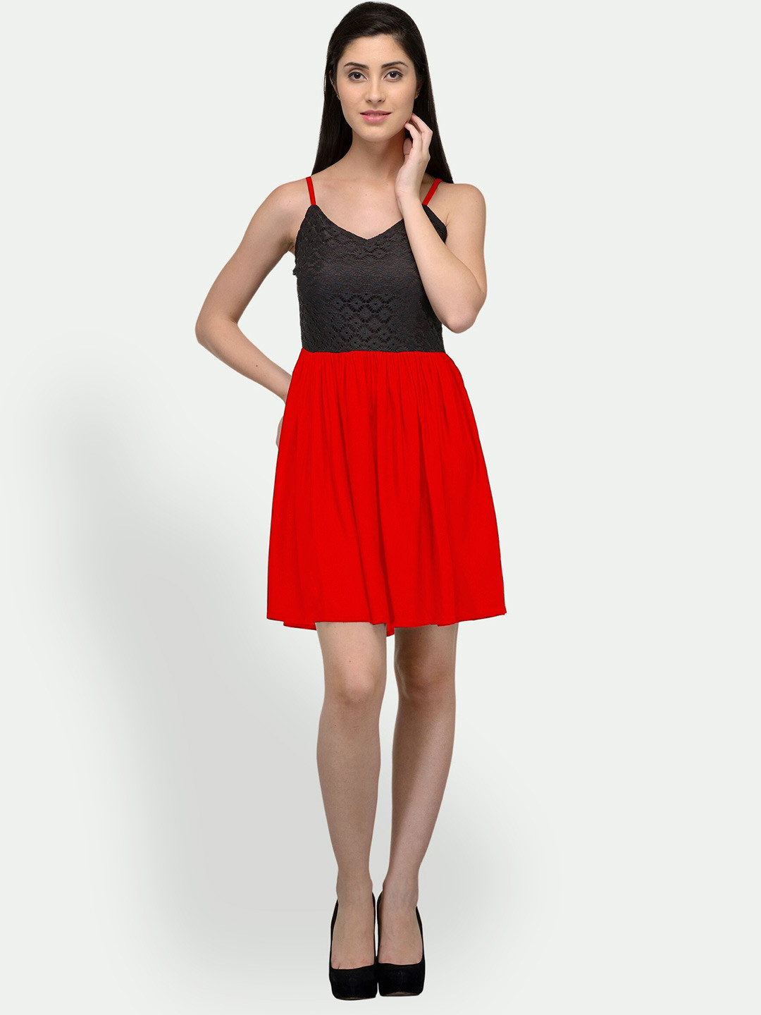 

PATRORNA Shoulder Straps Cotton Fit & Flare Dress, Black