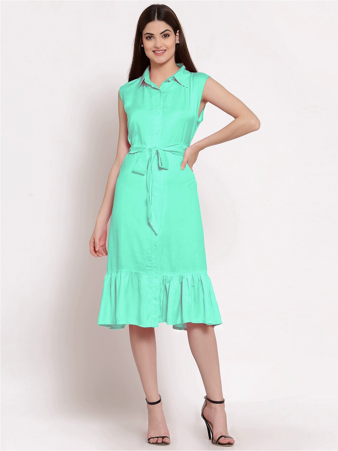 

PATRORNA Shirt Collar Sleeveless Gathered A-Line Midi Dress, Teal