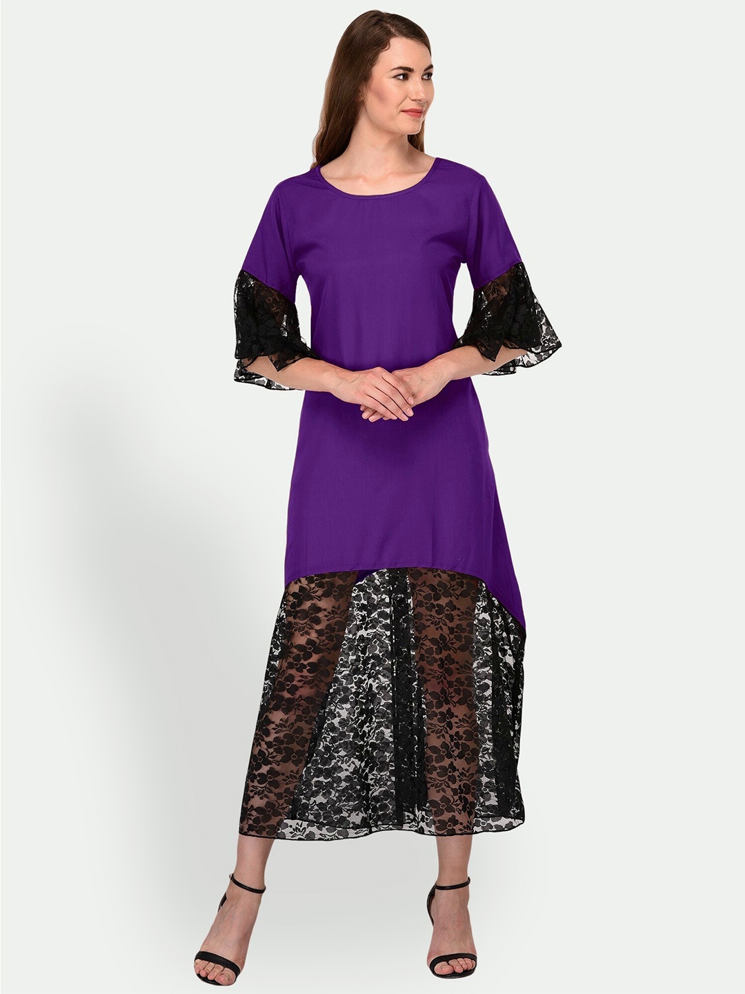 

PATRORNA Semi Sheer Lace-Insert Bell Sleeve A-Line Midi Dress, Purple