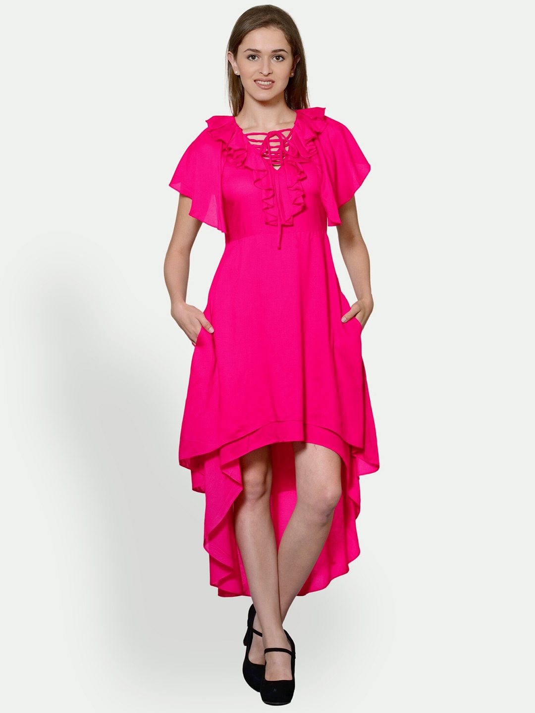 

PATRORNA Tie-Up Neck Flared Sleeves Cotton Fit & Flare Dress, Pink