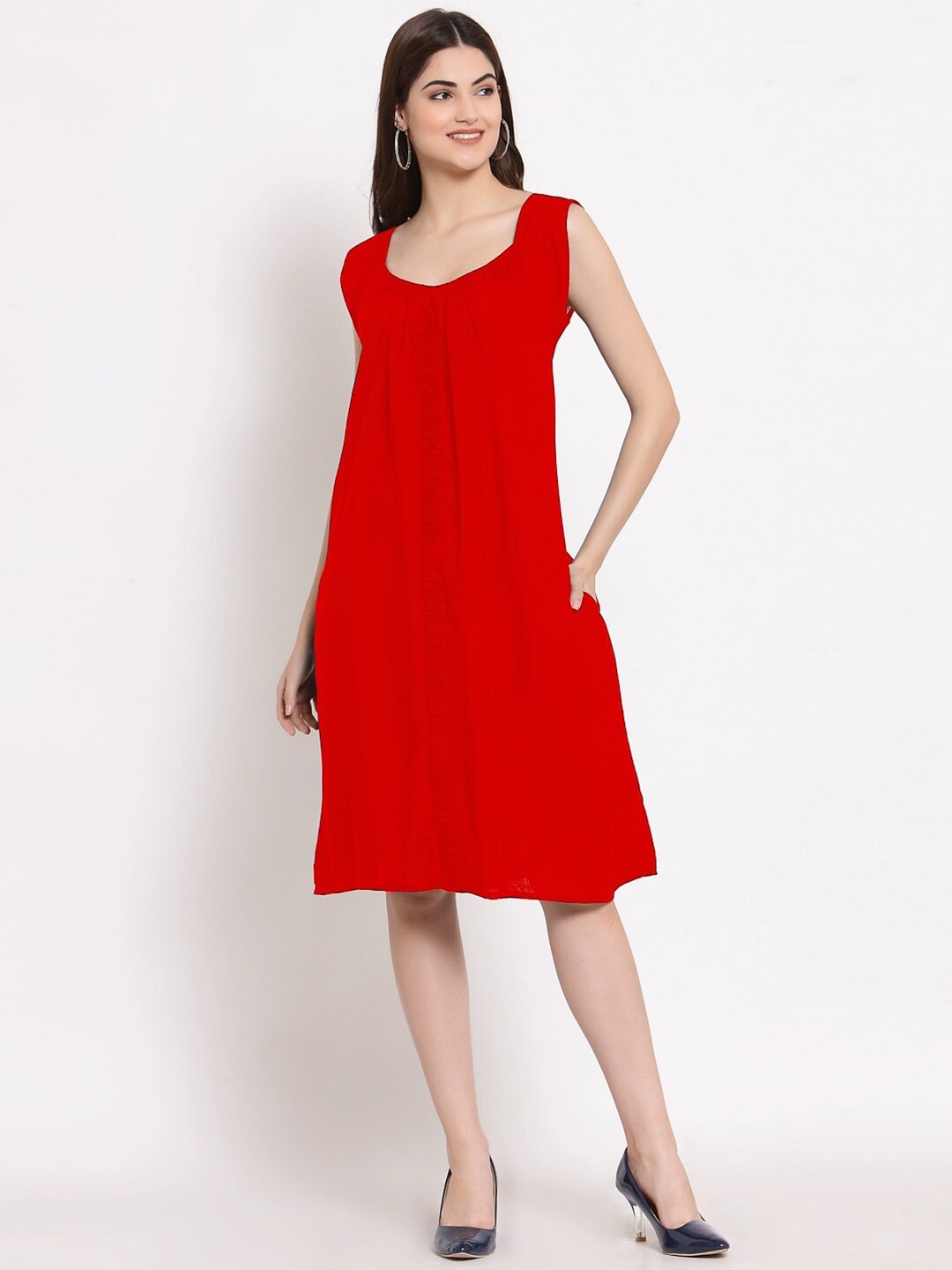 

PATRORNA Round Neck Sleeveless Cotton A-Line Dress, Red