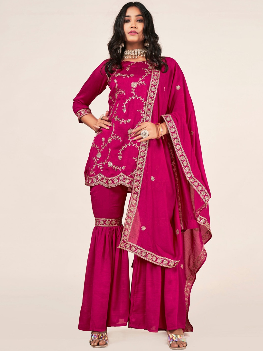 

SheWill Pink & Gold Toned Floral Embroidered Sequinned Kurti & Sharara With Dupatta