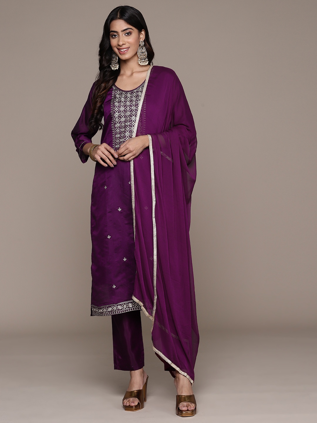 

Ishin Embroidered Zari Kurta with Trousers & Dupatta, Purple