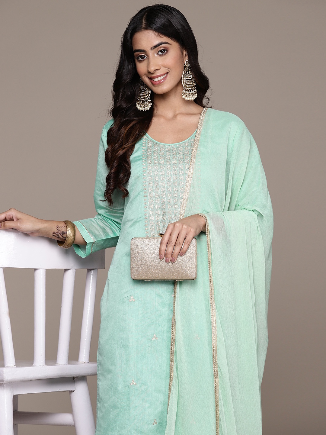 

Ishin Embroidered Zari Kurta with Trousers & Dupatta, Sea green