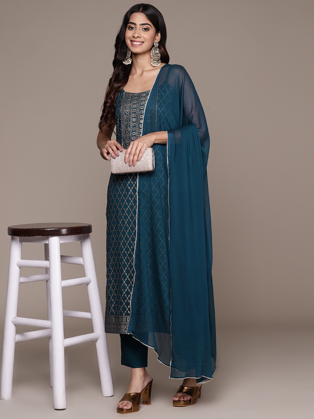 

Ishin Ethnic Motifs Printed Regular Gotta Patti Kurta with Trousers & Dupatta, Teal