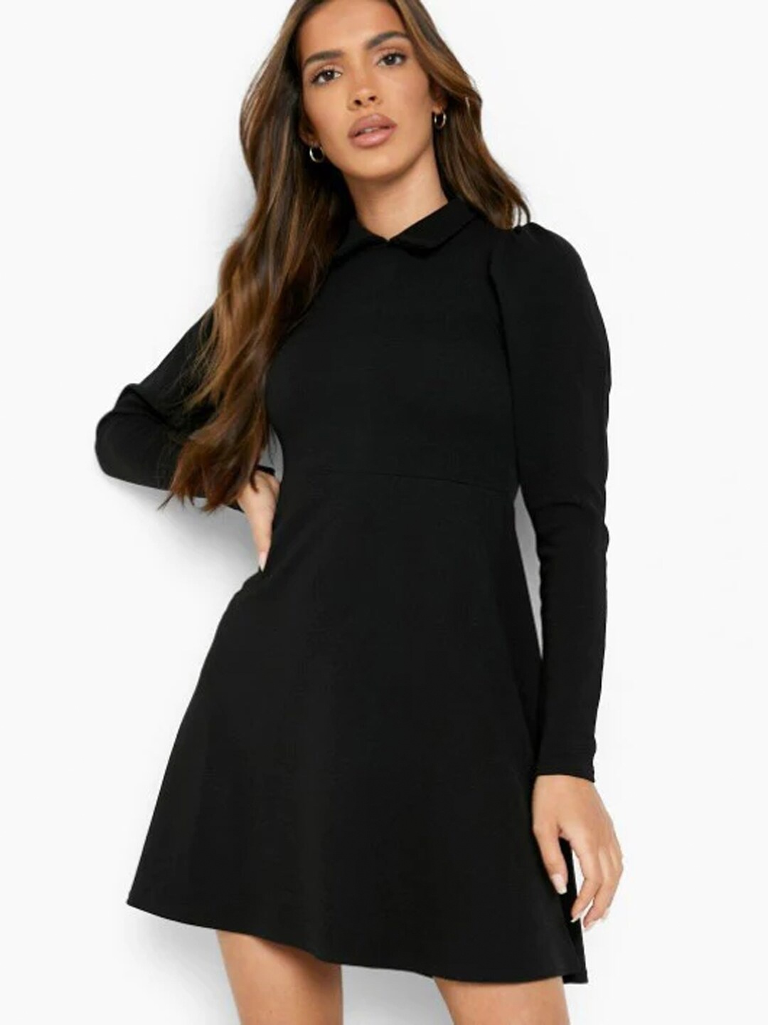 

Styched Shirt Collar Puff Sleeves A-Line Mini Dress, Black
