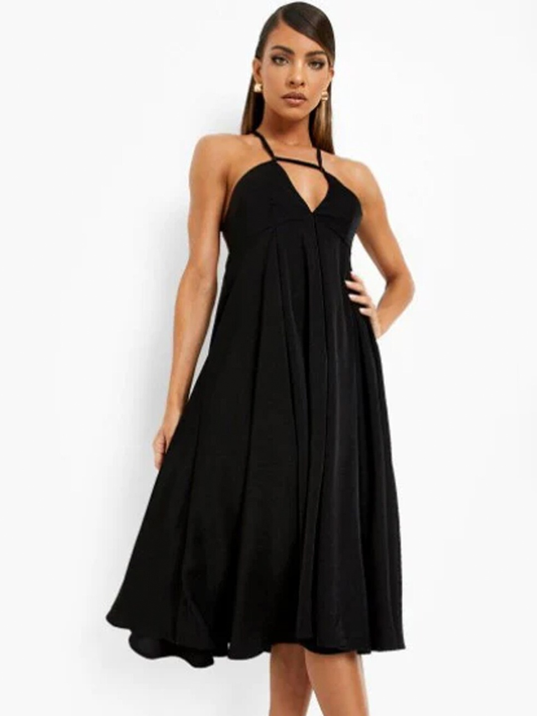 

Styched Shoulder Straps Empire Dress, Black