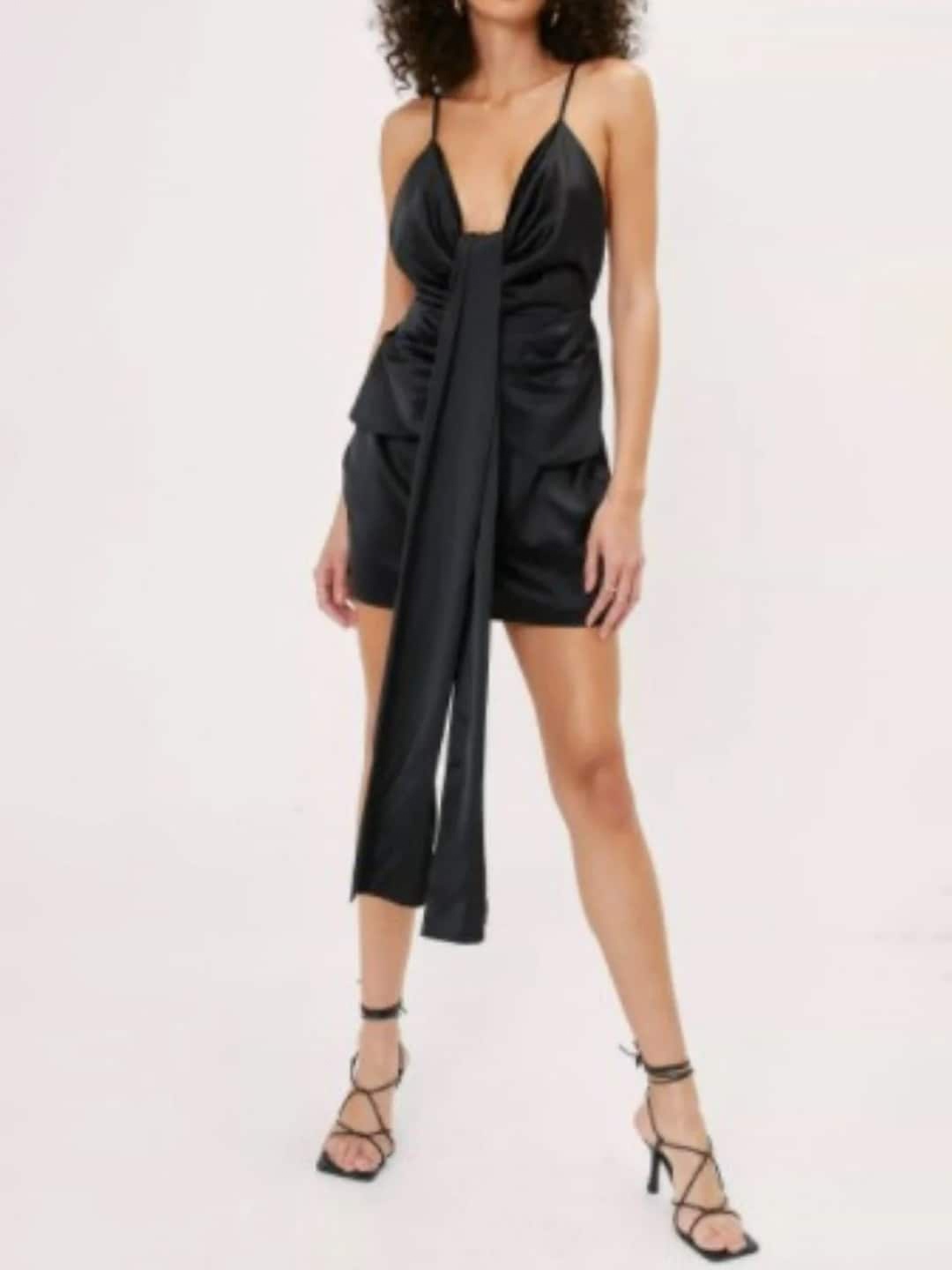 

Styched Shoulder Strap Sleeveless Gathered Satin Sheath Mini Dress, Black