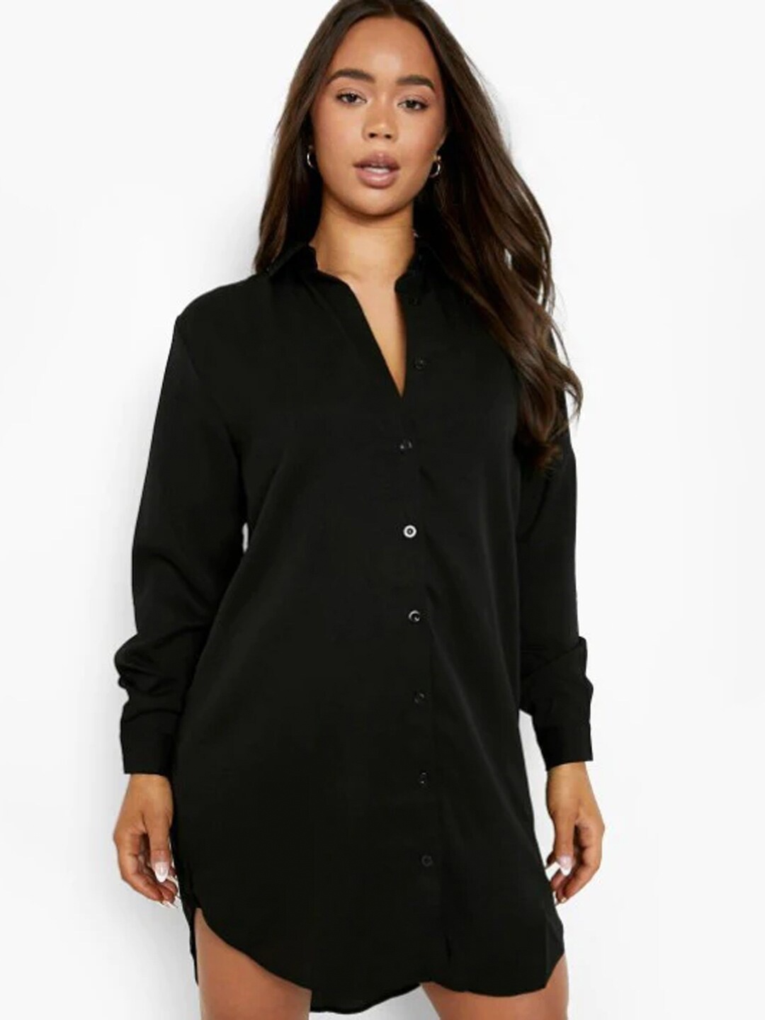 

Styched Shirt Collar Cuff Sleeves Shirt Mini Dress, Black