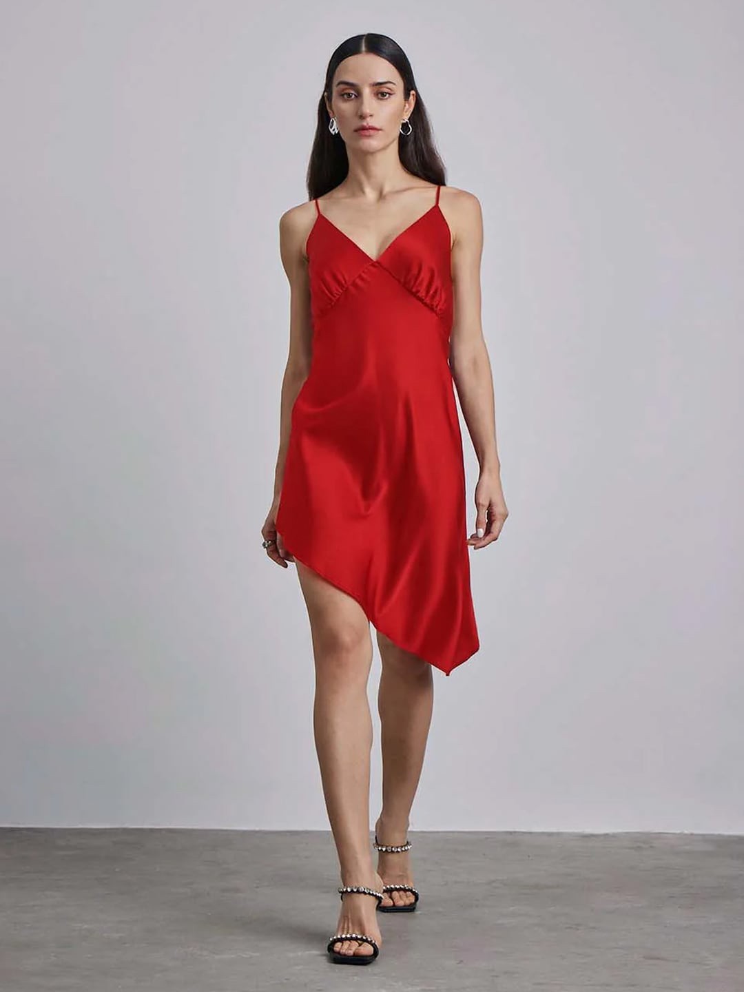 

Styched Sleeveless V-Neck Asymmetrical Hem A-Line Satin Slip Dress, Red