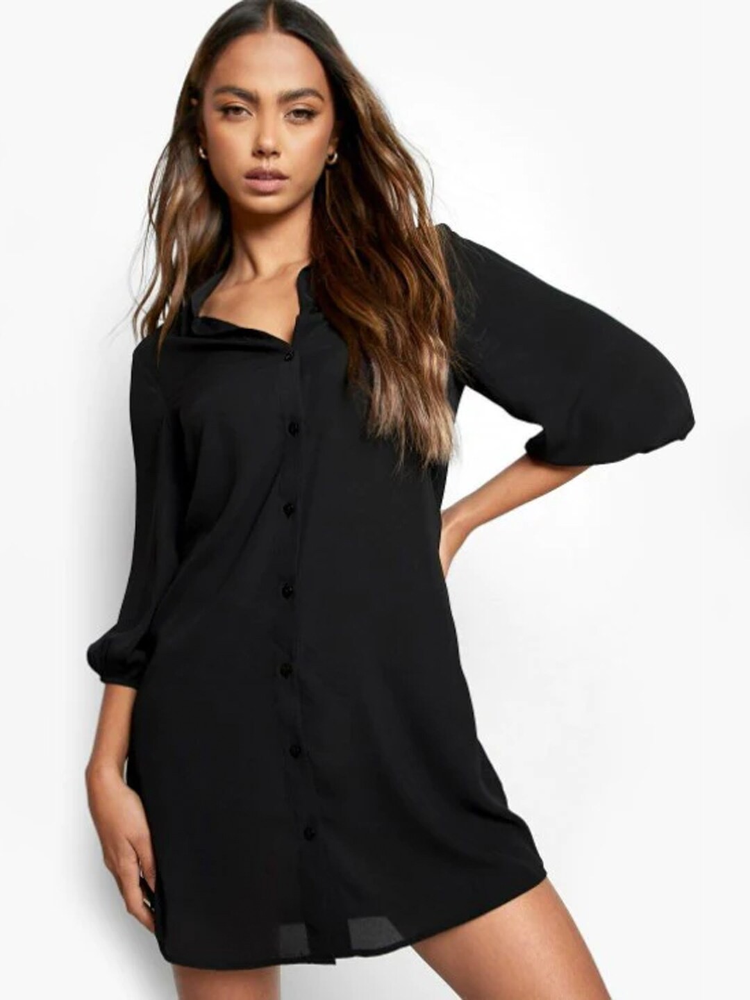 

Styched Puff Sleeves Shirt Style Dress, Black