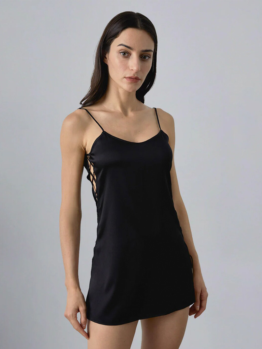 

Styched Shoulder Strap Sleeveless Tie-Ups Satin Sheath Mini Dress, Black