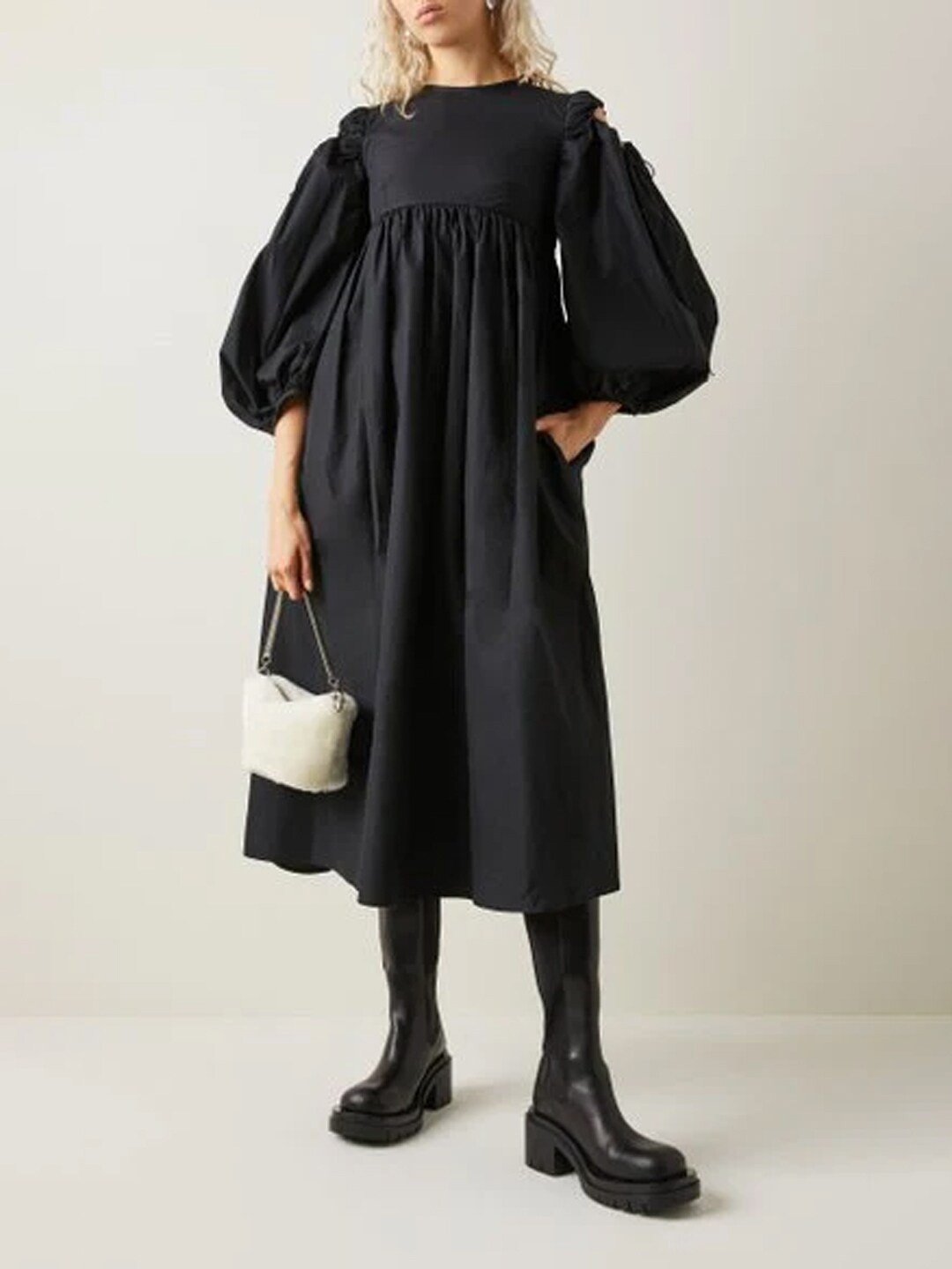 

Styched High Neck Cold-Shoulder Sleeves Gathered Cotton Empire Midi Dress, Black